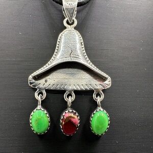 🎄 Rose Dahlia Green Apple Turquoise Sterling Silver 925 Handmade Bell Pendant